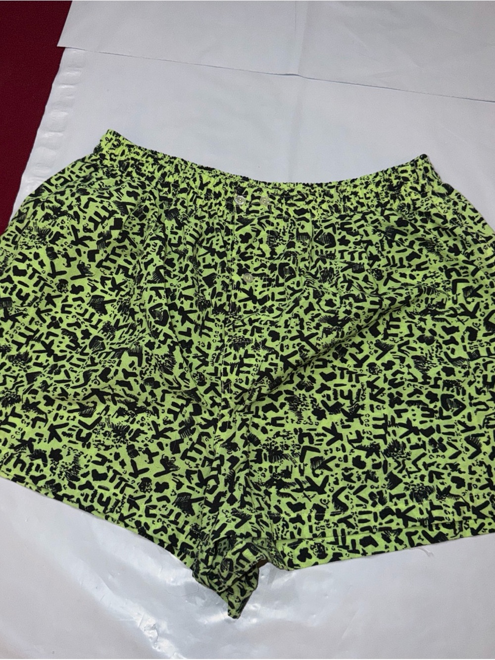 Shell Shack Neon Green Black Wild Print Beach Shorts Boxers L Nylon, Button Fly